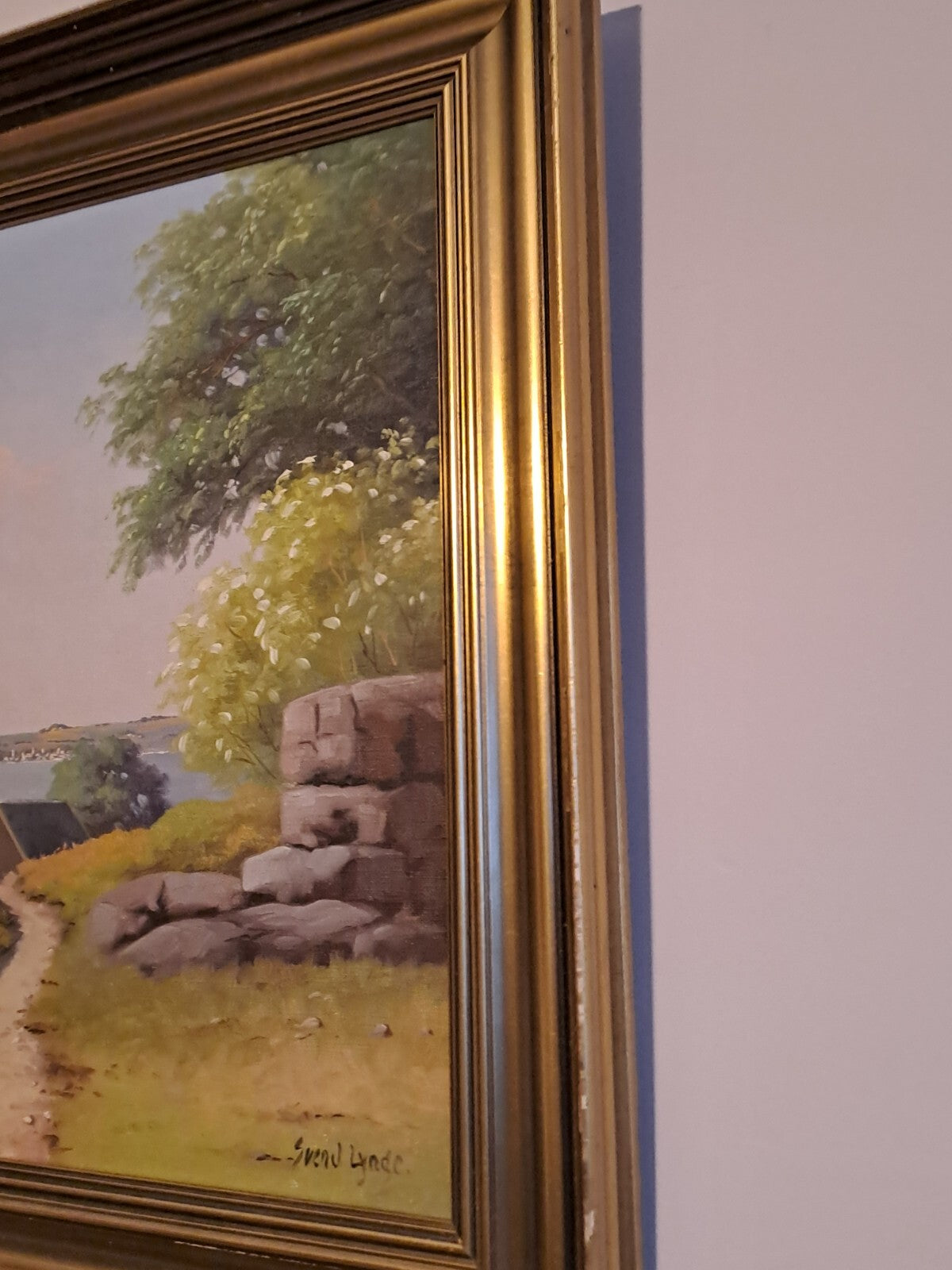 SVEND LYNGE pseud FREDERIK DREWS Oil Painting Danish Village Overlooking Bay