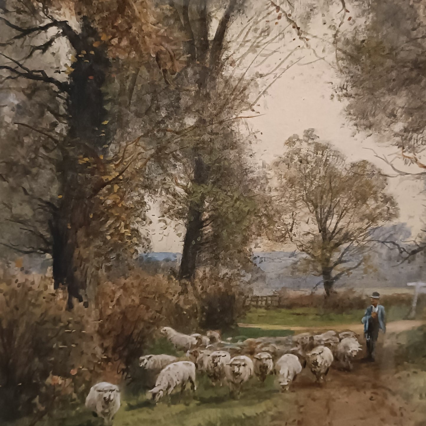 HENRY CHARLES FOX RBA (1860-1929) Signed Large Watercolour Shepherd  with Sheep